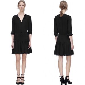 Rebecca Taylor 100% Silk Georgette Shirt Dress Black Women’s 4 Drawstring Waist